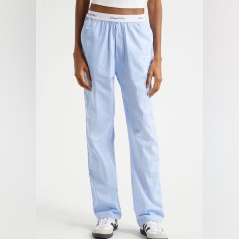 Hotel du Cap Stripe Embroidered Cotton Pajama Pants in Blue/White Thin Stripe